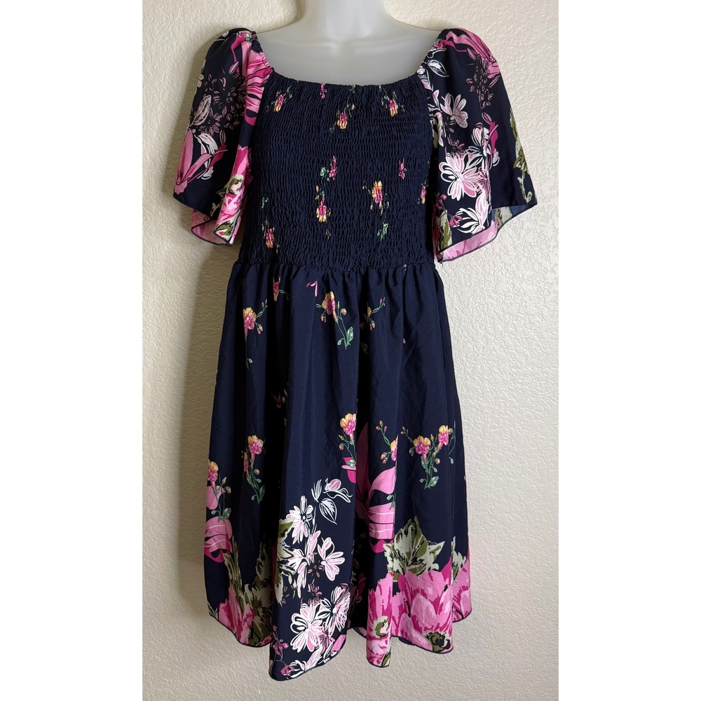 Womens 0XL US 12 Fit and Flareโ Dress Navy Blue Floral Smocked Puff Sleeve Boho